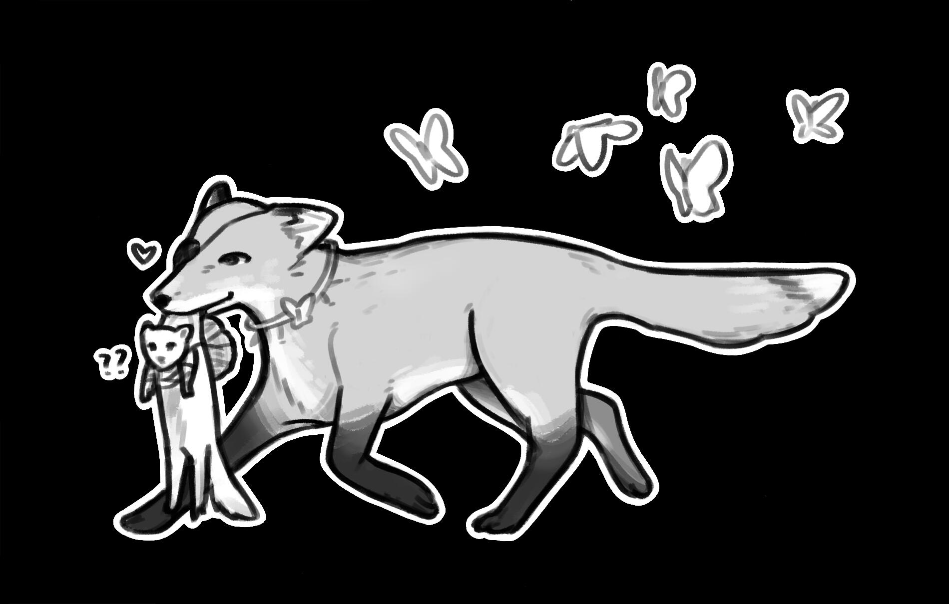 A digital drawing of Hua Cheng as a fox carrying Xie Lian as a ferret.